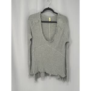 Free People Top Womens Small Gray Knit Thermal Deep Scoop Neck Distressed